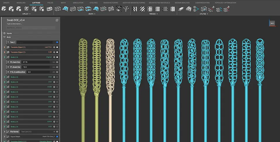 Several iterations of an intricate lattice designs were evaluated that would act like a brush to collect adequate samples needed for COVID-19 testing