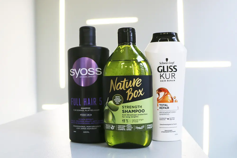 Shampoo packaging of Syoss, Nature Box and Gliss Kur 