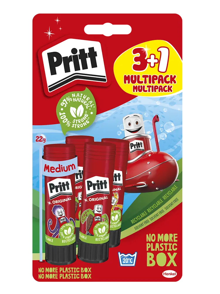 
As first adhesive manufacturer worldwide Henkel will introduce plastic-free blister packaging starting with the Pritt glue stick in summer 2022.