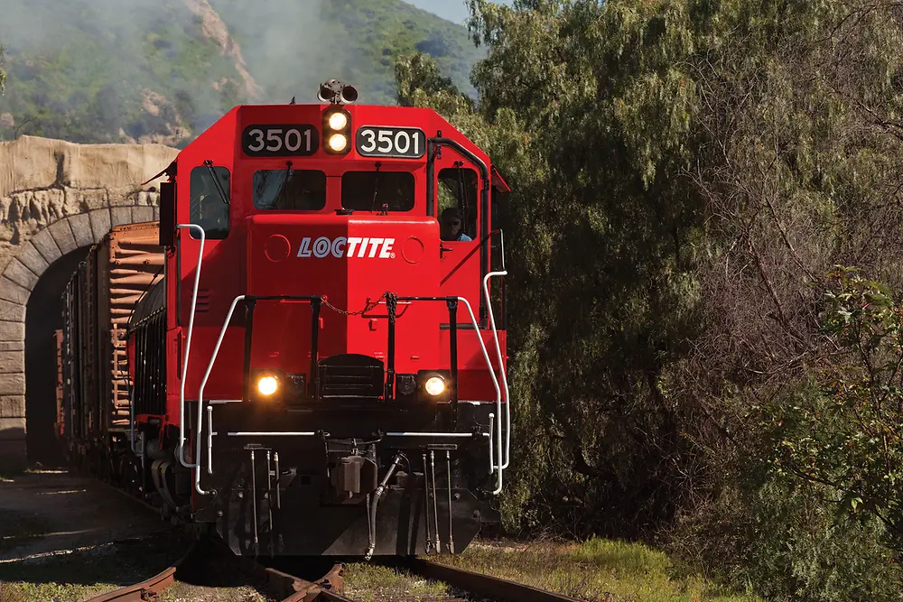 A locomotive on tracks seen from the front